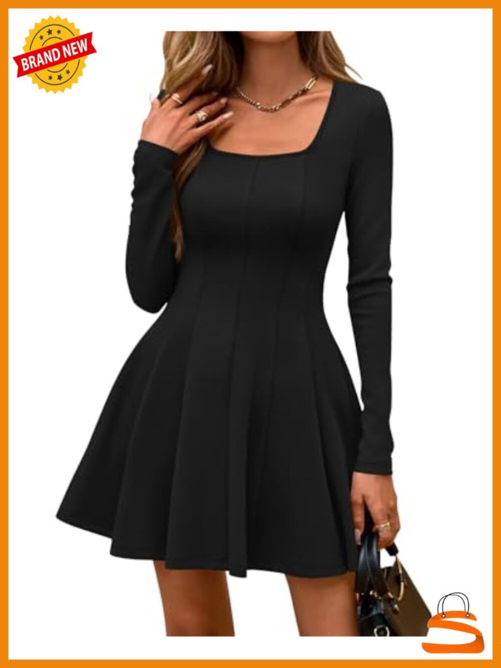 Square Neck Long Sleeve Knit Mini Dress A-Line Elegant Cocktail